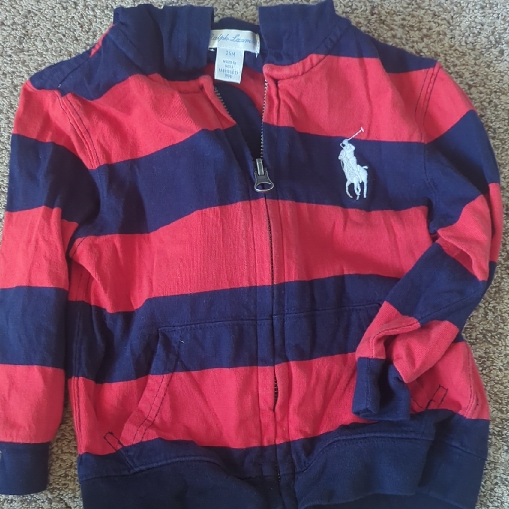 Toddler Boys Ralph Lauren Hoodie Red And Navy Blue Striped